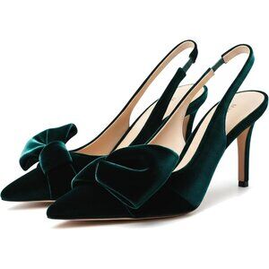 Women's Velvet Dark Green Slingback Elasticated Strap Stylish Comfortable Heel